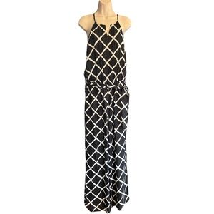 Tahari Black & White Lattice Print Wide Leg Jumpsuit Size 10
